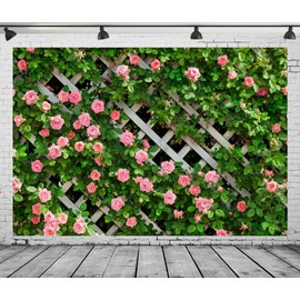 Loccor 6x4ft Fabric Flowers Backdrop Spring Floral Photo Backdrop Green Leaf Grass Fence Photography Background Birthday Party Decoration Wedding Bridal Valentine's Day Banner Photo Studio Props