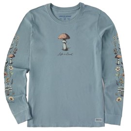 Life is Good. Women's Detailed Mushrooms Long Sleeve Crusher Tee, Smoky Blue, Medium