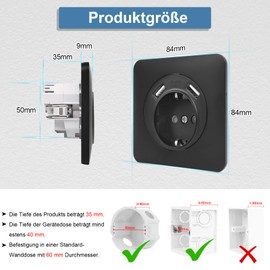 CNBINGO USB Single Socket Flush-Mounted with Claws - Simple Schuko Socket with USB-A (Max 2.1 Amp Total) - 16 Amp Wall Socket with PC Flame Retardant Materials - Black