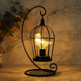JHY DESIGN Birdcage Bulb Decorative Lamp Battery Operated 13" Tall Cordless Accent Light with Warm White Fairy Lights Bird Bulb for Living Room Bedroom Kitchen Wedding Xmas(Black)