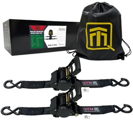 QTM Heavy Duty Retractable Ratchet Straps - 2 Inch X 10Feet, 4,400lbs Breaking Strength - Truck, Cargo Trailer, Motorcycle Tie Down Straps - 2 Pack with Bag (Black)