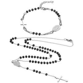 Flongo Women's Catholic Rosary Bracelet Necklace: 2-Piece Set Stainless Steel Cross Pendant Pearl Beaded Rosary Bracelet Necklace Classic Virgin Mary Bracelet Necklace Black Silver