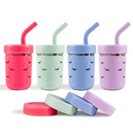 Pandaloo® Mason Jar Toddler Cup - 8 oz Spill-Proof Glass Tumbler with Silicone Straw and Lid, Non-Slip Sleeve, BPA-Free Toddler Snack Cups - Perfect Smoothie Cups with Lids and Straws for Kids