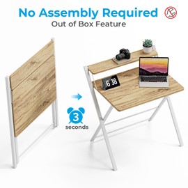 GreenForest Small Folding Desk No Assembly Required, Fully Unfold 27.3 x 22 inch 2-Tier Portable Computer Desk with Shelf Space Saving Foldable Table for Home Office Bedroom Small Spaces, Oak