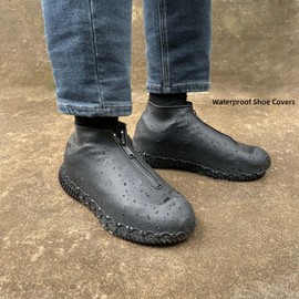 LSDWL Waterproof Shoe Covers with Zipper,Reusable Silicone Rain Overshoes for Men & Women,Keep Shoes Dry in Rain,Snow,Mud (Zipper Black, Large)