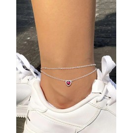 KeyStyle Women's Synthetic Ruby Stainless Steel Heart Ankle Bracelet, July Birthstone Anklet Rolo Chain Anklet Summer Jewelry for Her, Birthday Jewelry for Mother Wife Mother