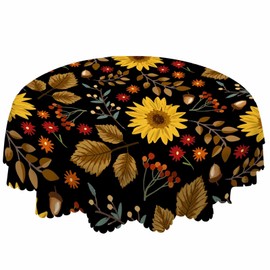 AOYEGO Sunflower Table Cloth Flowers Tree Leaves Fall Harvest Pine Cones Berry Round Tablecloth 60 Inch for Dining Room, Party, Banquet