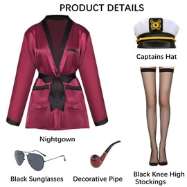 Maazusa Women Red Silk Robe jacket and Black Pants, Hugh Hefner Captain Costume Set Smoking jacket Including Captain Hat (S)