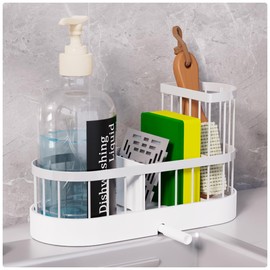 Sponge Holder for Kitchen Sink with Brush Holder and Non-Slip Silicone Support, Kitchen Sink Organizer for Sponge with Rustproof Plastic Base, Soap Dispenser Storage Accessories (White, High)