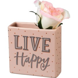 PBK NEW!~Square Flower Vase~"Live Happy"~Dish/Ca