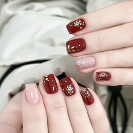 NEURAD Nail Tips, 24 Pieces, Short, Red, Gold Snow, Sparkle, New Year, Autumn and Winter, Nail Stickers, Popular, Japanese Style, Cute, Simple, Stylish, Coming-of-Age Ceremony, School Entrance