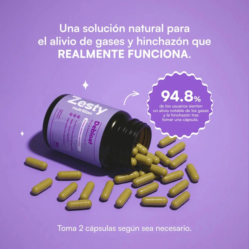 Zesty Debloat Suplemento Digestivo Alivia Hinchazón 30 Cap Sin Sabor