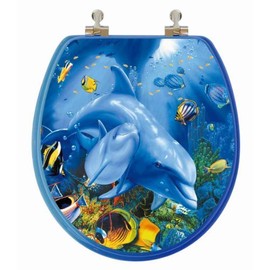 TOPSEAT 3D Ocean Series Round Toilet Seat w/Chromed Metal Hinges, Wood, Dolphin Family