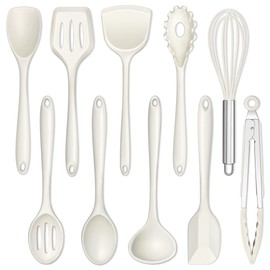 E-far 10 Pieces Silicone Cooking Utensils Set, Heat Resistant Kitchen Utensil Set for Nonstick Cookware, Kitchen Cooking Tools with Spatula, Spoon, Slotted Turner, Non-Toxic & Dishwasher Safe (White)