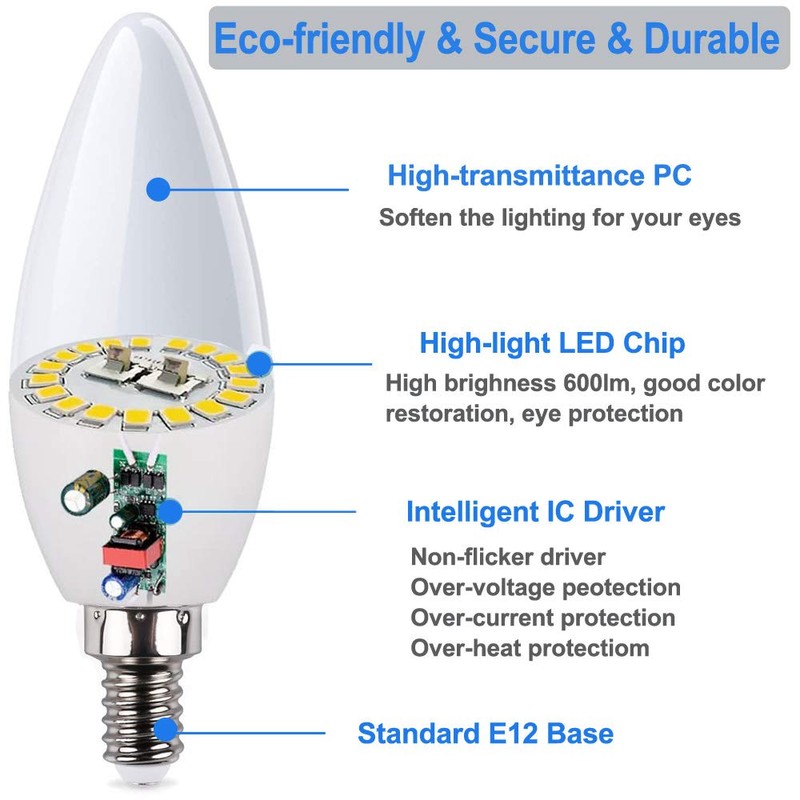 Vinaco E12 LED Bulb, 6 Pack E12 Candelabra Bulb 60