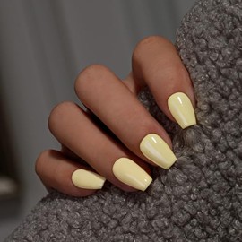 KQueenest Uñas Postizas Cortas De Color Amarillo Claro - Uñas Acrílicas Tipo Ataúd, Transparentes Y Opacas, Con Pegamento, Reutilizables, Estilo Baila