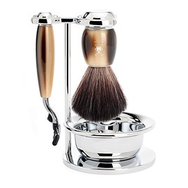MÜHLE VIVO Brown Horn 4-Piece Synthetic Fibre Brush & Mach3 Shaving Set - S21M332SM3