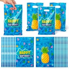 GaofanWai Ocean Pineapple Goodies Bags - 50PCS Blue Ocean Pineapple Party Favor Bags for Kids Ocean Jellyfish Seaweed Candy Plastic Bag Bulk with Handles Happy Birthday Party Gift Bag Party Supplies