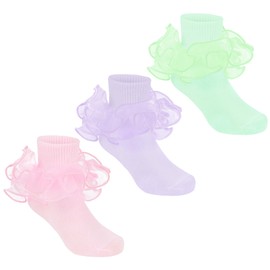 Durio Girls Ruffle Socks Toddler Girl Socks With Big Double Lace Ruffle Colorful Frilly Dress Socks for Toddler Girls Kids Light Green&Pink&Purple 5-7 Years 3 Pairs