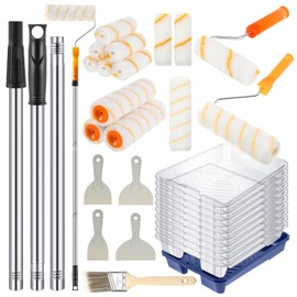 Qilery Paint Roller Kit 31 Pack Paint Roller Set 4 and 9 Inch Paint Rollers with Brush Holder and Extension Pole for Painting Wall Paint Tray with Liners Angled Brush and Cleaning Knives for Home