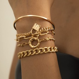 Rumtock Gold Chunky Chain Hand Accessories Paperclip Link Lock Pendant Adjustable Bracelet Stackable Cuff for Women Party Jewelry Set (Gold)