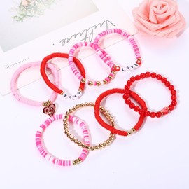 NVENF Valentine's Day Bracelets for Women Red Pink Heishi Clay Beaded Bracelets Stackable Heart Charm Bracelets Valentine's Day Accessories Jewelry Gifts (Valentine's Day 2)