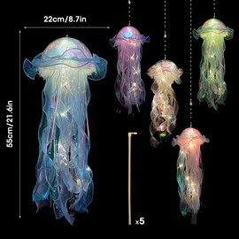 JOAASU 5 Pcs Jellyfish Light, Hanging Jellyfish Lamp, Creative Glowing Jellyfish Lamp LED Night Light, Mermaid Jellyfish Lanterns, Jellyfish Garden Light for Ocean Theme Party Yard Landscape