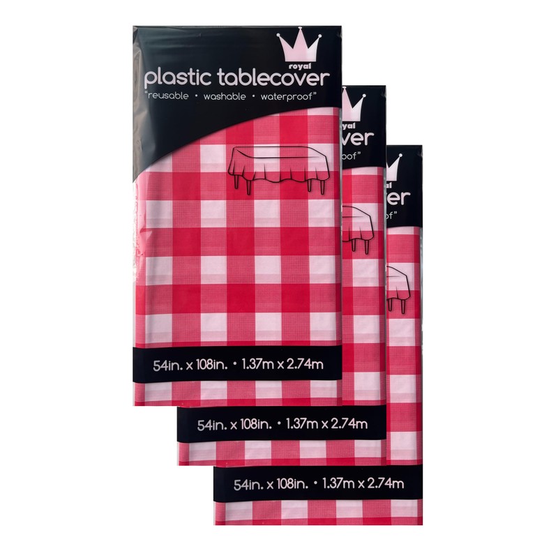 ROYAL7 3 Pack Red Gingham Checkered, Rectangle Disposable Plastic Tablecloth