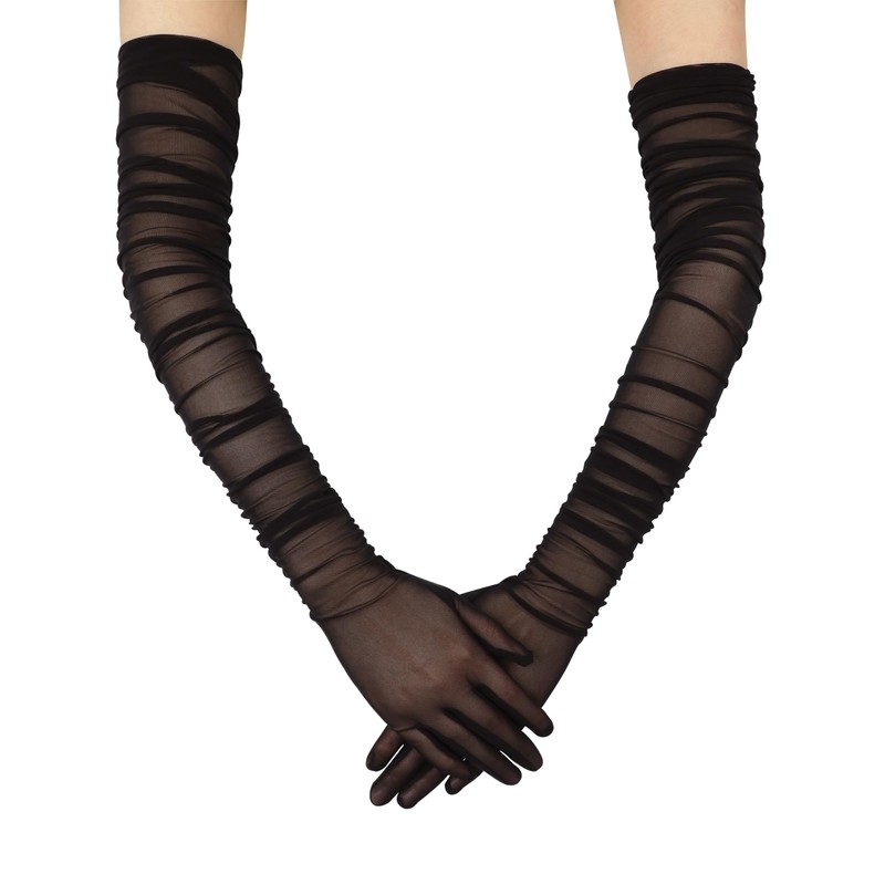 QRBTSCL Women's Stretchy Super Long Tulle Gloves Ruched Opera Mush