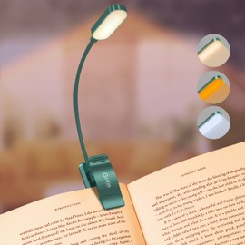 Gritin 16 LED Rechargeable Book Light for Reading in Bed - Eye Caring 3 Color Temperatures, Stepless Dimming Brightness,80Hrs Runtime,Lightweight Flexible Clip On Book Light for Book Lovers-Green