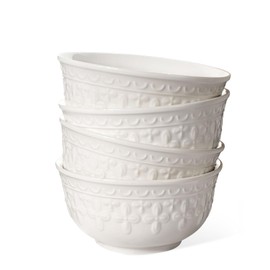 Wareland Small Ceramic Bowls - 14 Oz Ice Cream Bowls Set of 4 Embossment Dessert Bowls for Kitchen, 4.75 Inch White Bowls for Soup, Side Dishes, Oatmeal, Rice, Microwave Oven Safe(Cross Floral)