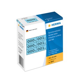 HERMA 4803 Nummernetiketten Zahlen 0-999, dreifach, 3000 Stück, 22 x 10 mm, selbstklebend, matt, 3fach fortlaufende Papier Zahlenetiketten Anlagenummern in Spenderbox, blau