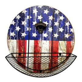 Wooden American Flag Bottle Opener With Cap Collector Catcher In Round Shape, Mounts Easily On Any Wall, Vintage Wood Wall Mounted Bottle Opener, Ideal Gift For Men And Beer Lovers, Bar Decoration