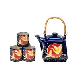 Urban Tokyo Japanese Style Cube Shape 20oz Porcelain Tea Set Teapot with Strainer, Wooden Handle and 4 Hexagon Tea Cups, Moon Crane Design