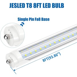 JESLED T8/T10/T12 8FT LED Tube Light, Single Pin FA8 Base, 50W 6000LM 6000K Cool White, Super Bright, 270 Degree V Shaped LED Fluorescent Bulb (130W Equiv.), ETL Listed, Clear, Dual-Ended(12-Pack)