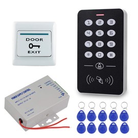 HFeng Access Control System Kit 125KHz RFID Keypad + DC12V 3A Power Supply Controller + Door Exit Button + 10pcs Keyfobs Card for Home Alarm Wooden/Metal/Glass Door