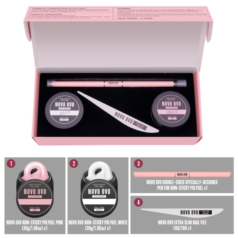 NOVO OVO Upgraded NON-STICKY Polygel Solution Procedure Set, White and