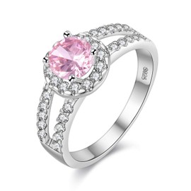 Uloveido White Gold Plated Round Cut Lab Created Pink Diamond Bridal Rings Split Shank Birthstone Ring (Pink, Size Q) J510