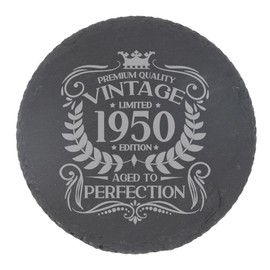 75th Birthday Gift for Men Vintage 1950 Aged to Perfection Engraved Slate Coaster Present for 75 Year Old Etched Natural Slate Placemat (Round Slate)
