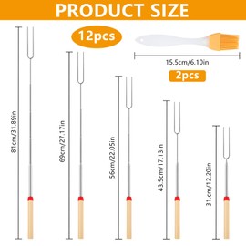 NINGYER 12 Stk Grillspieße Ausziehbar, 31-81 cm Holzgriff Edelstahl Teleskop Grillspieß mit 2 Bürsten, Marshmallow Spieße für Camping, Lagerfeuer, Picknick