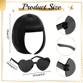 iZoeL Bob Wig Short Bob Wig Women's Black Hair Wigs Straight with Flat Fringe 80s 70s Wig Glasses Carnival Fancy Dress Cosplay Wig