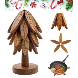 Christmas Tree Coasters, Wooden Trivets for Hot Dishes/Pot/Bowl/Teapot/Pans, Tree Shape Trivet Set - 4 Wooden Trivets + 1 Stand Stored, Gifts for Him/Her (Leaf Pattern - 4Pcs)