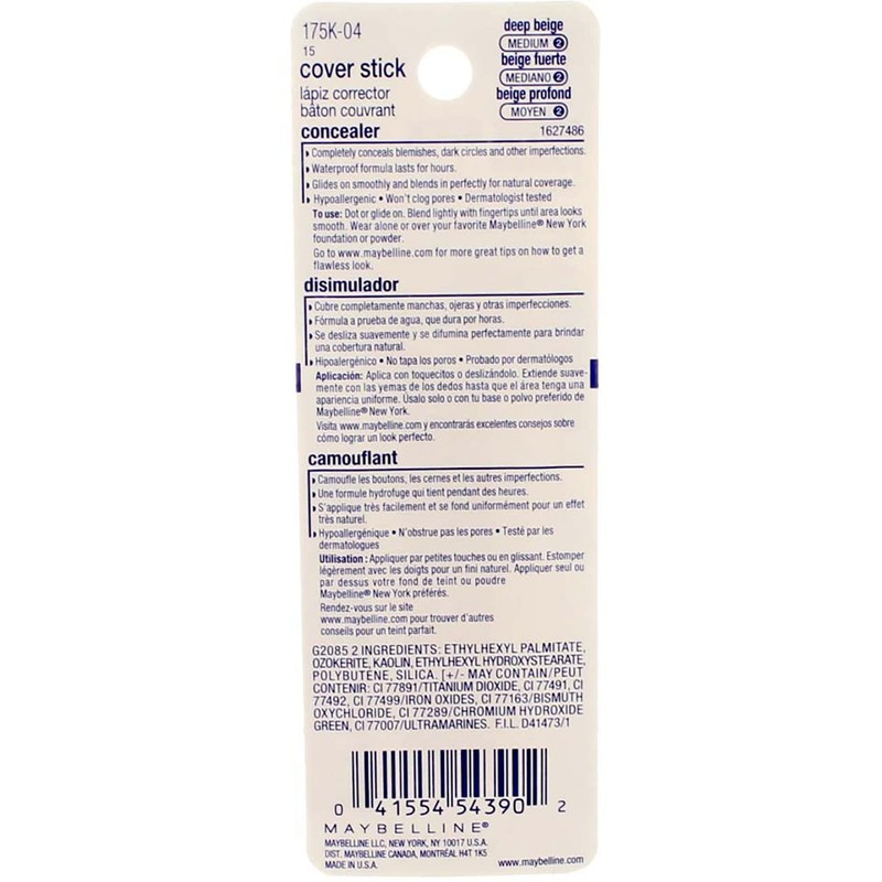 Maybelline Cover Stick Concealer, Deep Beige [145], 0.16 oz (Pack