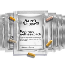 Happy Tuesdays Post-Rave Wellness Packs | After Party Recovery Supplement | Supports Mood, Sleep, Energy, Focus, Tired Muscles | 5-HTP, NAC, ALA, Tyrosine, B Vitamins, Magnesium, Ashwagandha | 6-Pack