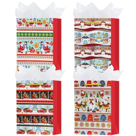 OFIHANLY 4 Pack 9" Small Size Christmas Gift Bags with Handles for Xmas Holiday Presents Red&Gold Cute Paper Wrapping Bag with Tissue Paper for Kids