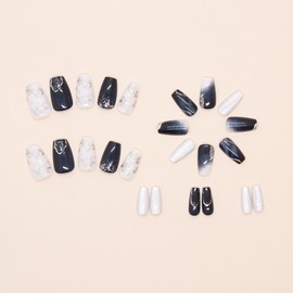 24pcs Silver Flower Press on Nails Medium Square Summer Floral Fake Nails with Designs Glitter Stick on Nails Gradient False Nails 3D Flowers Acrylic Nails Kit Full Cover Glue on Nails for Women