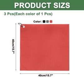 PATIKIL 16"x16" Microfiber Golf Towel, 3 Pack Tri-Fold Golf Towels Waffle Pattern Towels Absorption with D Clip, Hook and Loop Fastener, Black/Gray/Red