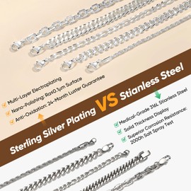VNOX Silvering Silver Bracelet for Men, 5 Pcs Sturdy Sterling Silver Plating Rope/Figaro/Paperclip/Cuban Link Chain Bracelets Set Wrist Band for Men Women, 8.3 Inches