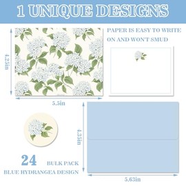 AnyDesign Paquete de 24 tarjetas de papelería florales azules con sobres, flores de hortensia, tarjetas de notas en blanco, azul y blanco, tarjeta de 