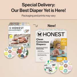 The Honest Company Clean Conscious Diapers for Sensitive Skin, Up to 100% Leakproof Hypoallergenic Fragrance-Free Baby Diapers, Gender Neutral Prints, Super Club Box, Size 3 (16–28 lbs), 120 Count